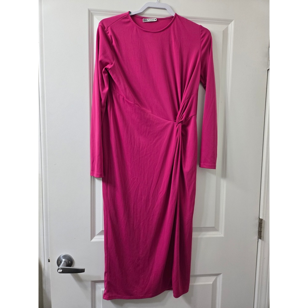 Zara Womens Magenta Pink Long Sleeve Knot Front Draped Midi Dress Size S